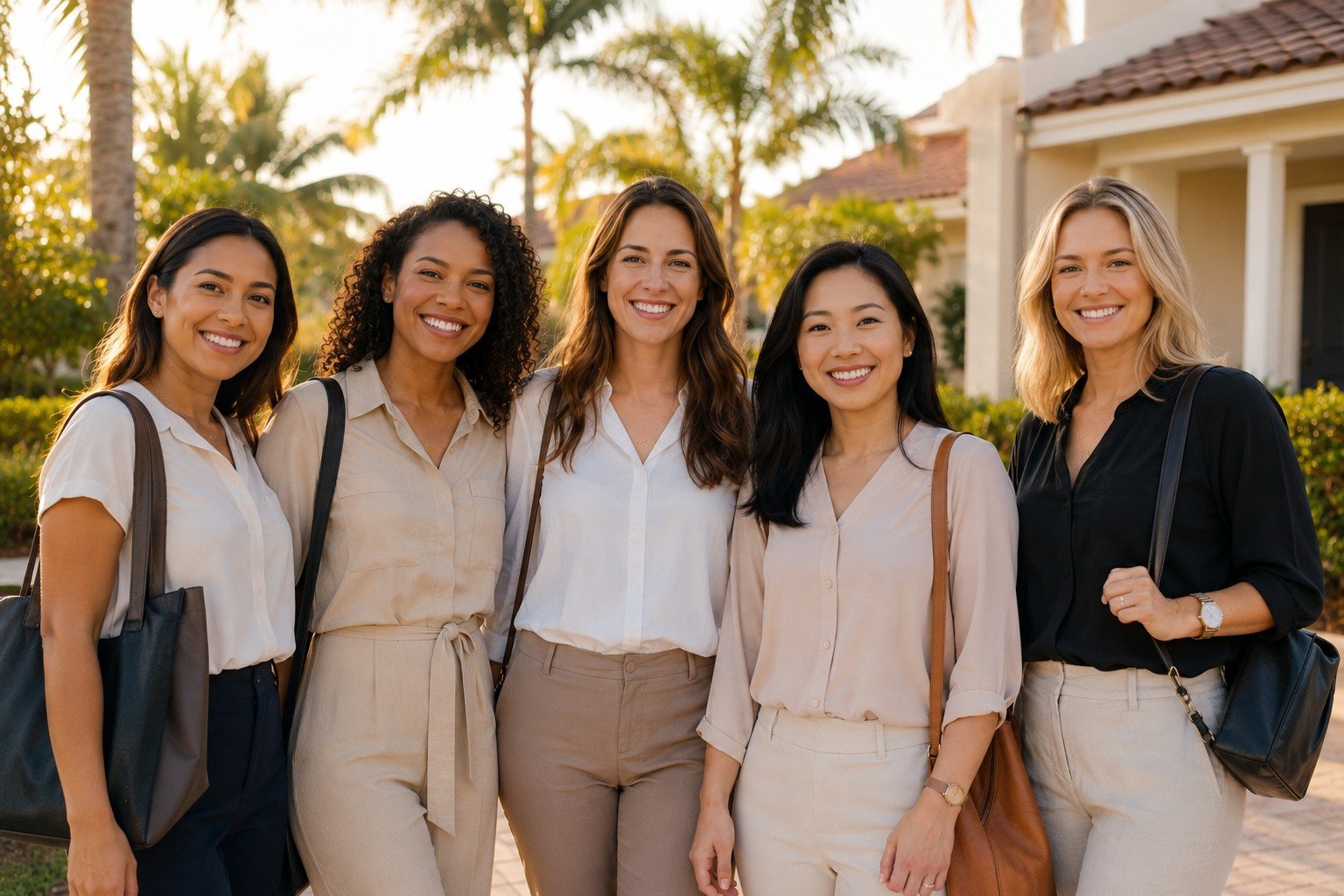 Diverse group of professional caregivers smiling outside a Palm Beach County home with palm trees