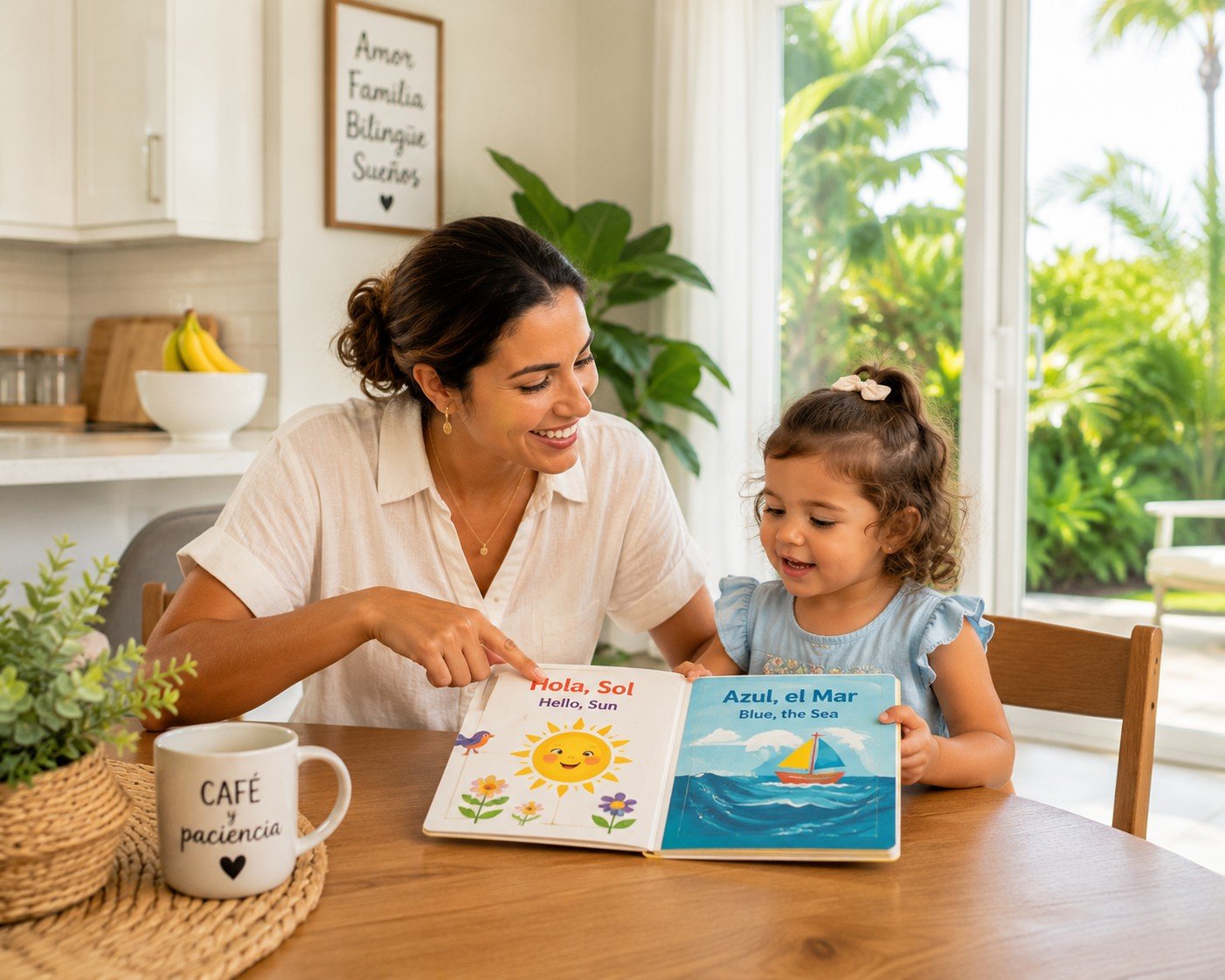 Bilingual Spanish-speaking nanny reading a picture book with an engaged toddler at home