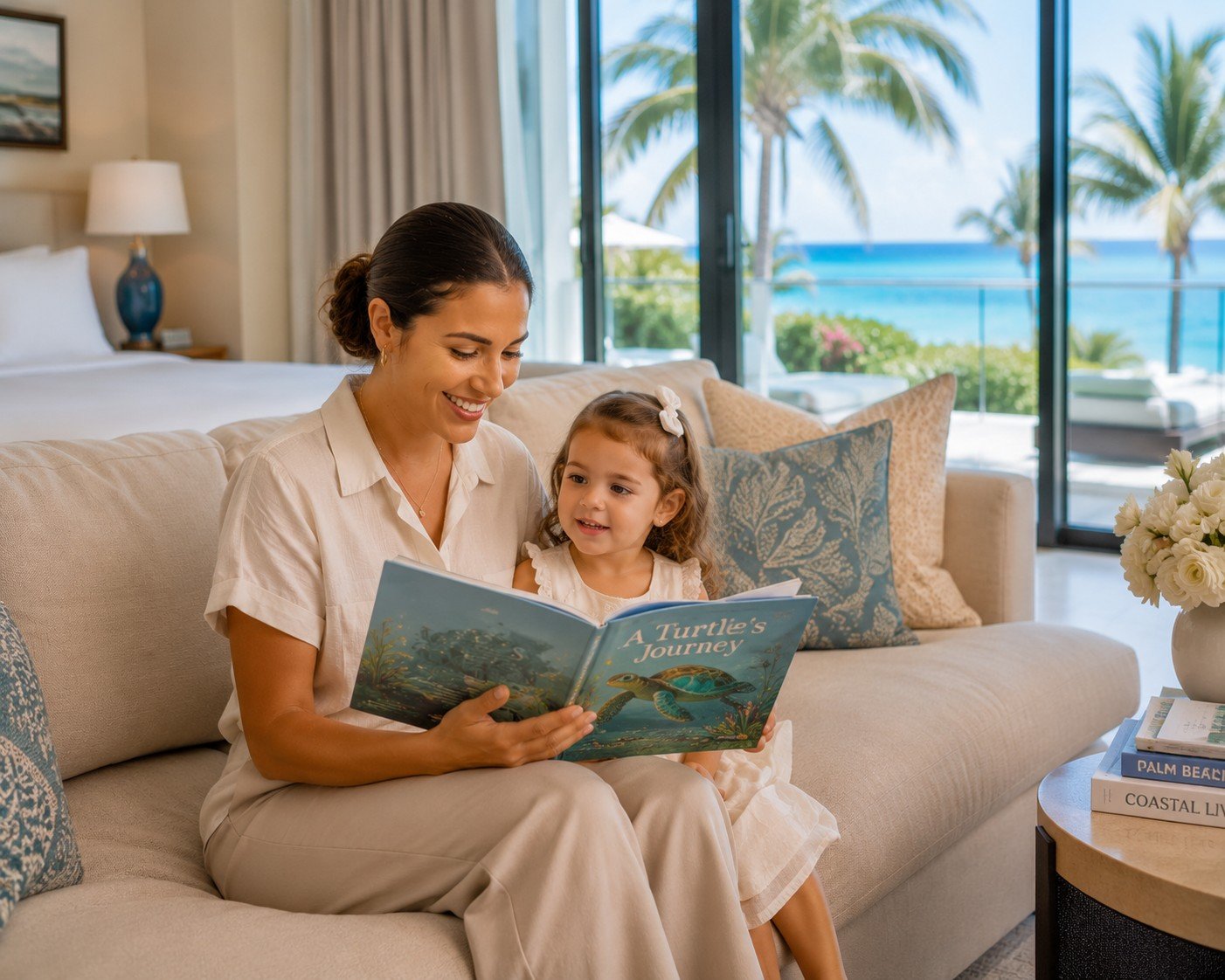 Babysitter reading a picture book to a child in a luxury South Florida resort suite