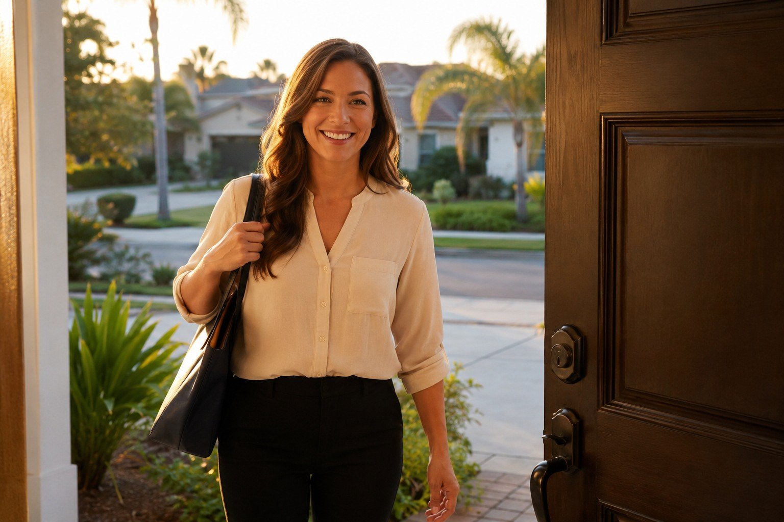 Professional babysitter arriving at South Florida home front door, golden hour, palm trees in background